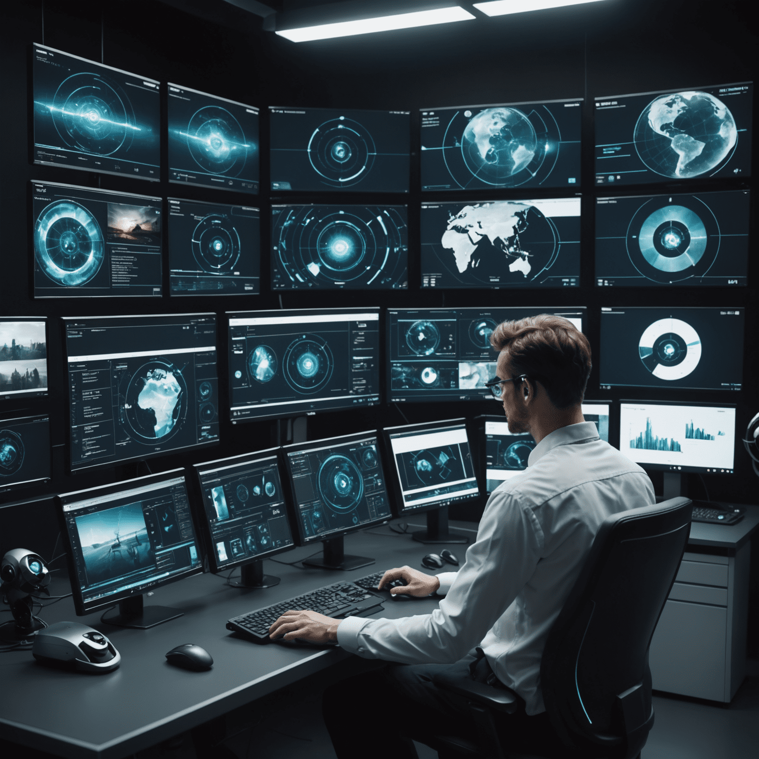 A futuristic interface showing AI analyzing and editing video footage, with multiple screens displaying various editing processes and a robotic arm manipulating video clips