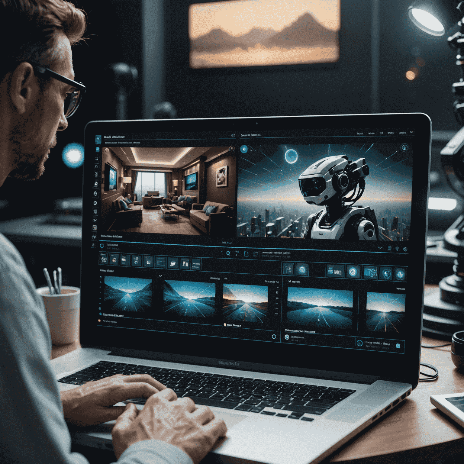 A futuristic interface showing AI-assisted video editing tools, with multiple video timelines and AI suggestions popping up