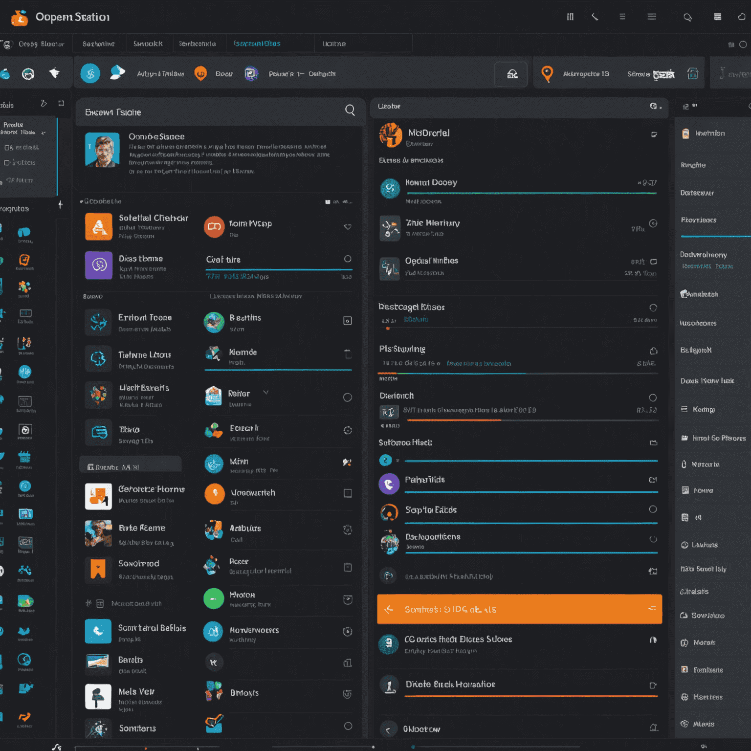 Screenshot of OpenBroadcost's new intuitive interface, showcasing a sleek dark theme with vibrant icons and a drag-and-drop timeline editor
