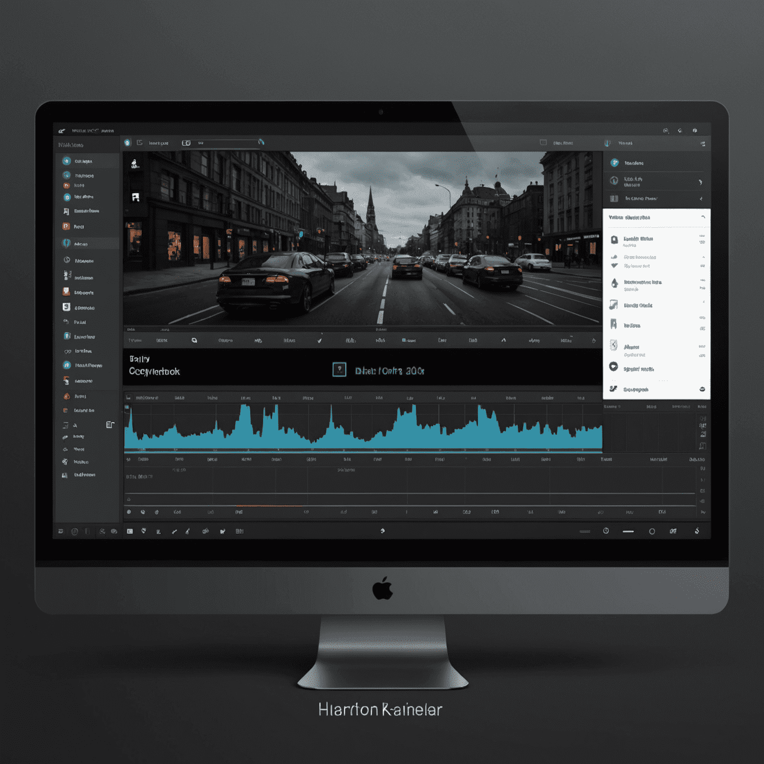 A sleek, dark-themed video editing interface showcasing a timeline, preview window, and various editing tools. The interface resembles professional software but with a more intuitive, web-based layout.