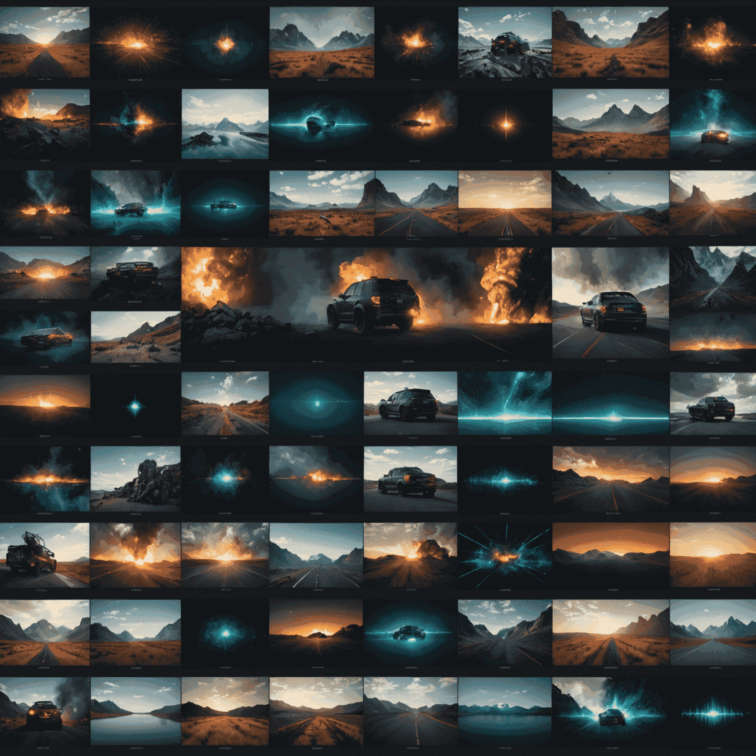 A diverse collection of visual effects showcased in a grid layout, including particle systems, color grading presets, and motion graphics templates