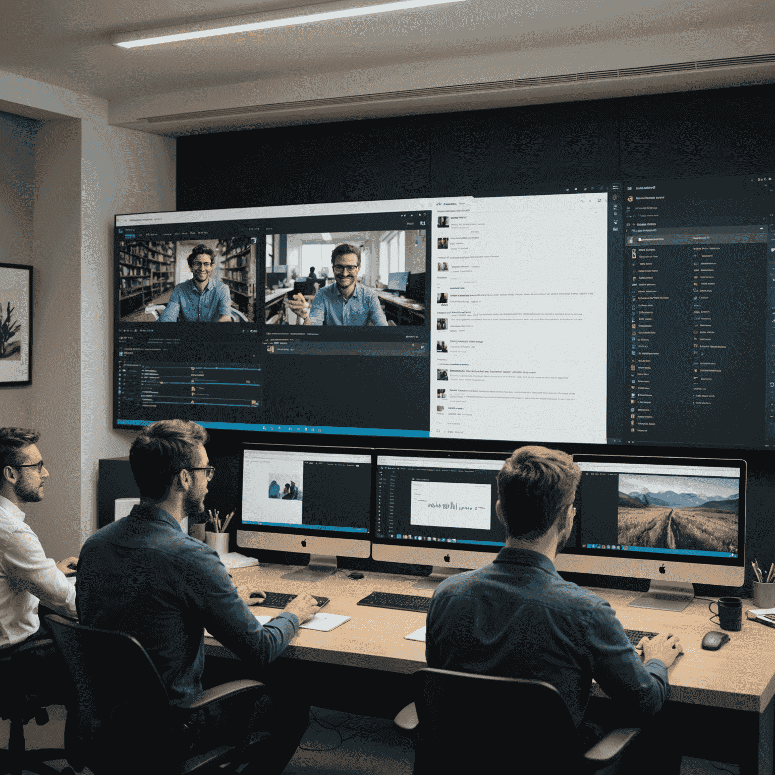 Team members collaborating on a video project in real-time, with multiple cursors visible on the timeline