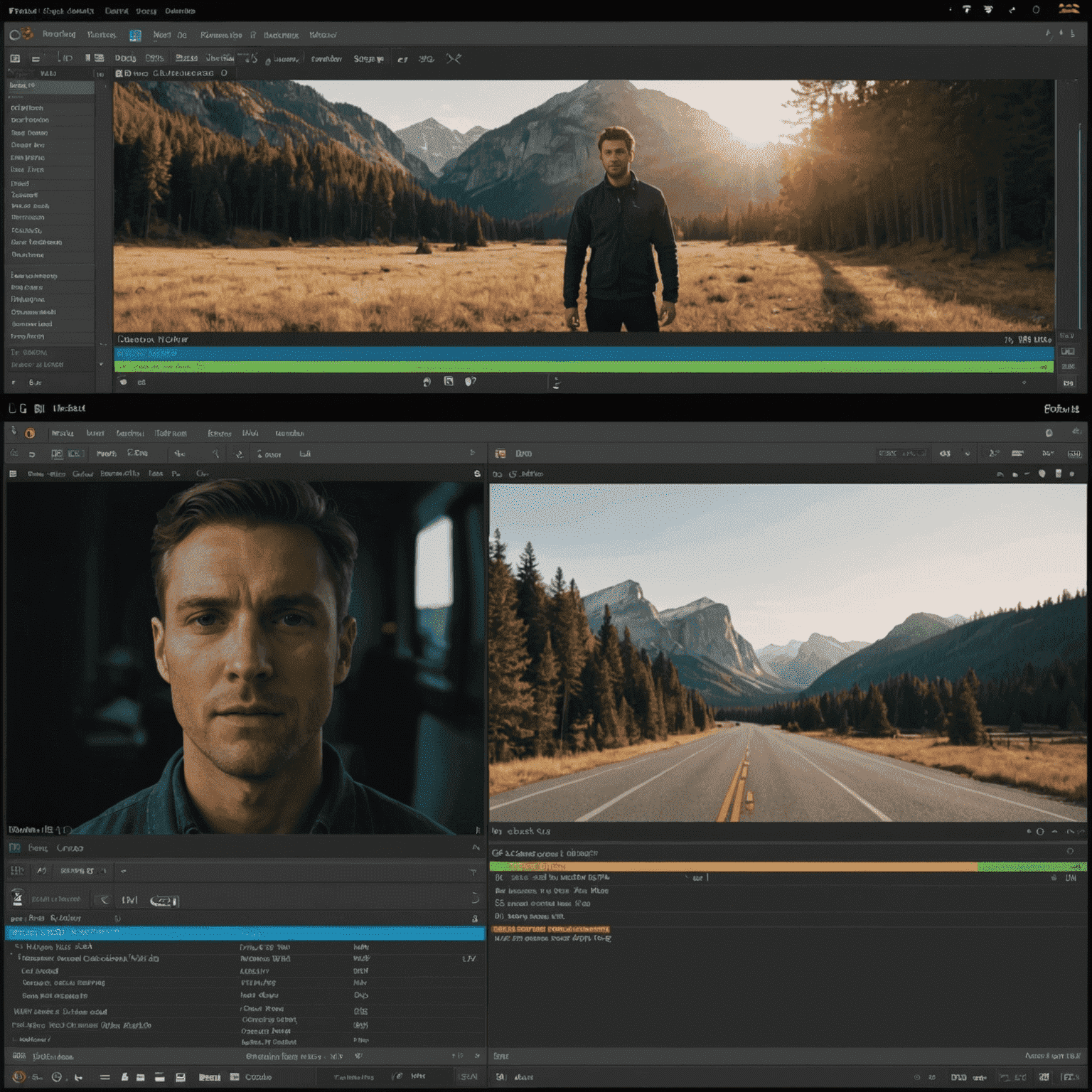 A split-screen image showing a before and after of video editing. The left side shows raw footage, while the right side displays the same scene with color correction, text overlay, and visual effects applied.