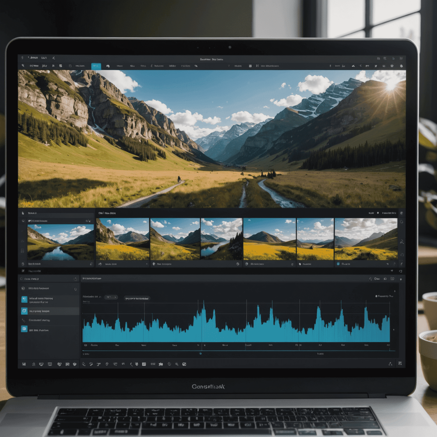 A sleek, modern interface of OpenBroadcost's video editing platform with intuitive controls, drag-and-drop functionality, and a real-time preview window