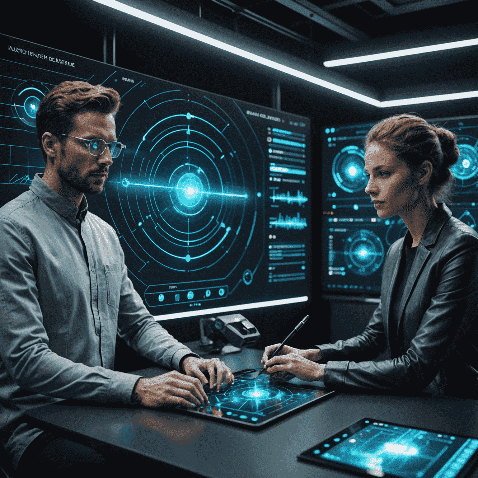 Futuristic concept of a holographic video editing interface with AI assistants and 3D timeline manipulation